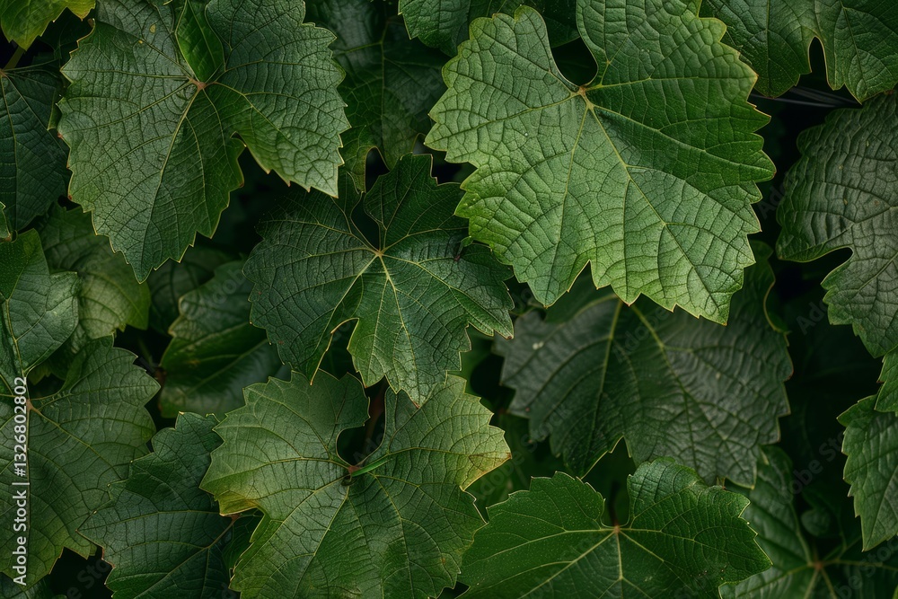 Poster high detail closeup of grape leaves with intricate veining and soft lighting