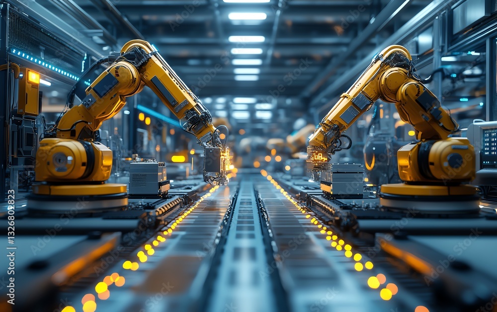 Poster futuristic smart factory featuring ai systems, robotics, and iot technology optimizing production, h