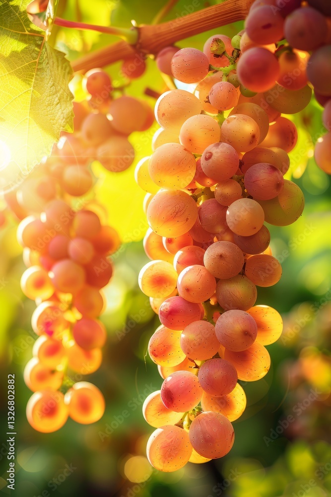 Poster high detail macro closeup of grape clusters with sunlight