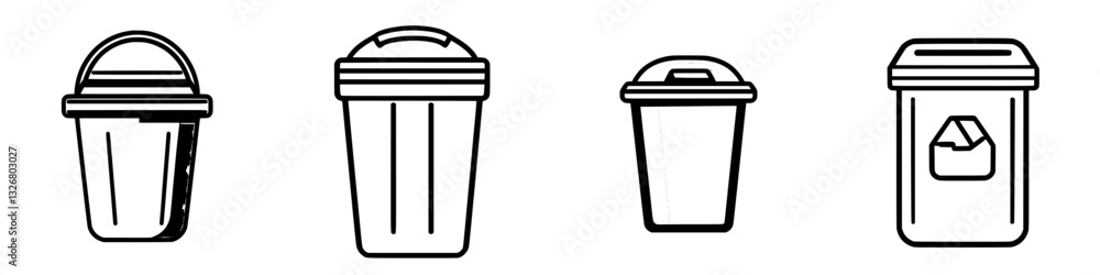 Poster different types of trash bins designed for waste disposal showing varying shapes and sizes in a simp
