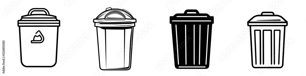 Aufkleber various types of waste bins displayed in a row, showcasing different designs and functions for trash