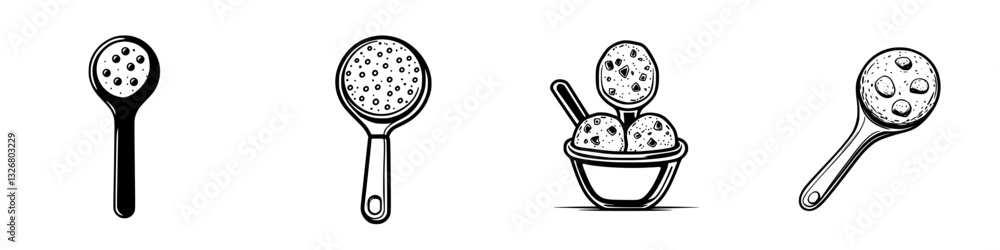 Poster various ice cream scoops and a scoop utensil displayed in a simple design illustrating dessert prepa