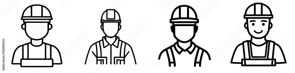 Aufkleber different representations of construction workers with hard hats in various poses and expressions