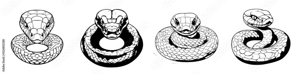 Aufkleber various snake illustrations showcasing different styles and positions in a graphic art format
