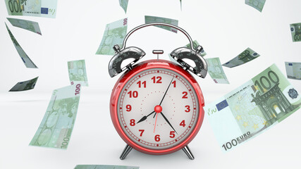 Conceptual Idea of Time is Money - Euro Notes Scattered with a Clock in the Foreground