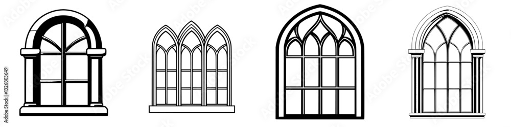 Aufkleber collection of four distinct window designs showcasing architectural styles and diverse shapes from h