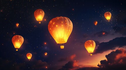 Fototapeta premium A beautiful scene of glowing lighted balloons floating in the night sky, with warm, soft illumination and plenty of space for text or graphics.