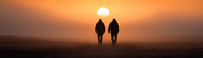 Two silhouetted figures walk toward a vibrant sunset, surrounded by a misty landscape, evoking a sense of peace and companionship.