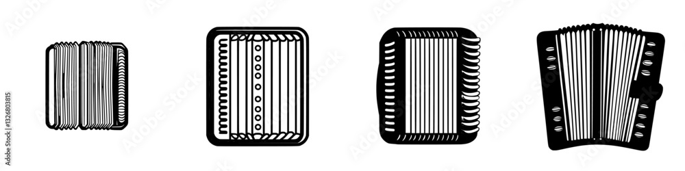 Poster various styles of accordions displayed with intricate designs in a well-lit setting during daytime