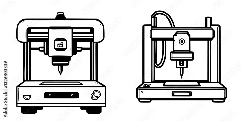 Poster detailed view of two different 3d printers showcasing technology variations and design features for 