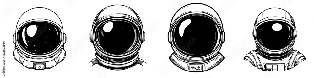 Poster creative illustrations of different astronaut helmet designs showcasing unique features and styles i