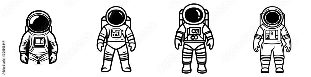 Poster different styles of astronaut characters in a minimalist design, showcasing various suit features an