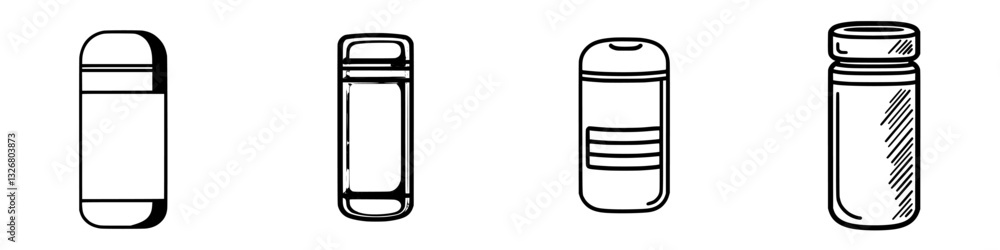 Poster various designs of reusable containers for drinks and food displayed on a plain background