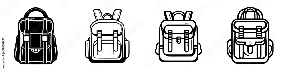 Poster collection of stylish backpacks displayed in a row showcasing various designs and features suitable 