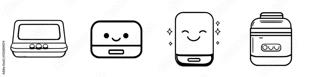 Poster cute cartoon characters representing various small appliances on a minimalist background with simple