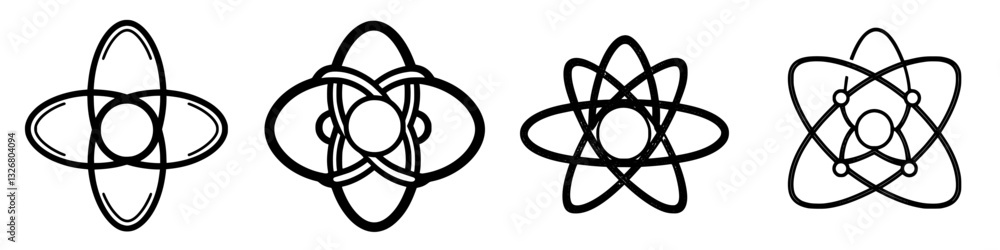 Poster various abstract designs representing atomic structures showcasing different styles and shapes in a 