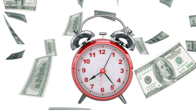 Conceptual Idea of Time is Money - Dollar Bills Scattered with a Clock in the Foreground