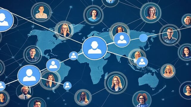 Global networking illustration showcasing diverse professionals connecting across a world map - Powered by Adobe
