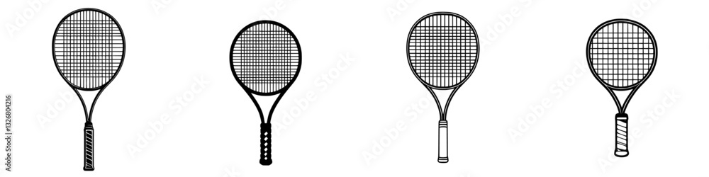 Poster various tennis racket designs displayed in a minimalistic layout with detailed strings and handles