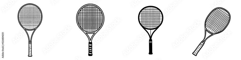 Poster various styles of tennis rackets displayed in a minimalist design, showcasing their unique shapes an