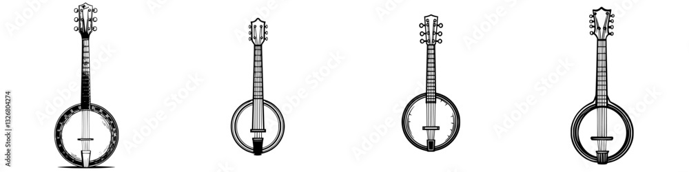 Poster different styles of banjos displayed in a row showcasing tradition and craftsmanship in string instr