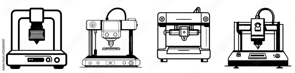 Poster various types of 3d printers lined up for comparison in a modern workspace showcasing advanced techn