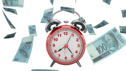 Conceptual Idea of Time is Money - 100 Real Bills Scattered with a Clock in the Foreground