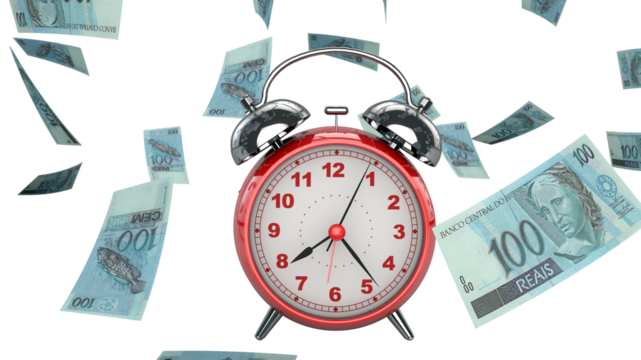 Conceptual Idea of Time is Money - 100 Real Bills Scattered with a Clock in the Foreground