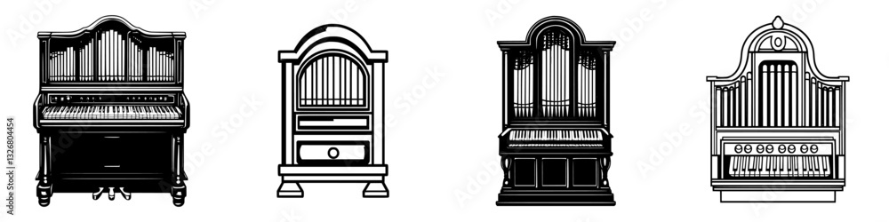Poster different styles of organs displayed in a row with a classic and vintage appearance