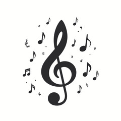 Black Treble Clef with Musical Notes on White Background