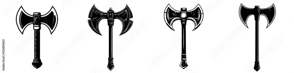Poster intricately designed black axes display in a row showcasing various styles and craftsmanship