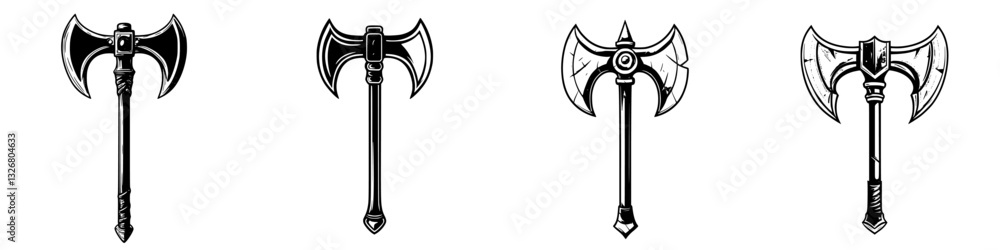Poster various designs of battle axes displaying unique styles and features for fantasy and historical them