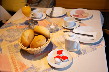 Breakfast food german style in Hotel and restaurant at Sandhausen village in Heidelberg, Germany