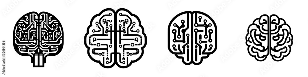 Poster unique designs of abstract brain illustrations showcasing digital circuit patterns in black and whit