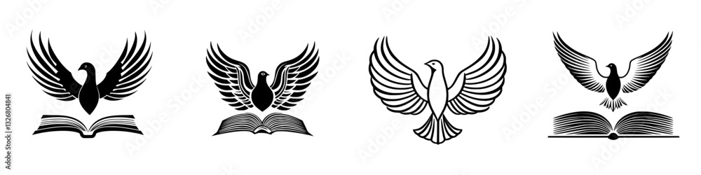 Poster various illustrations of birds with wings and open books, symbolizing knowledge and freedom in desig