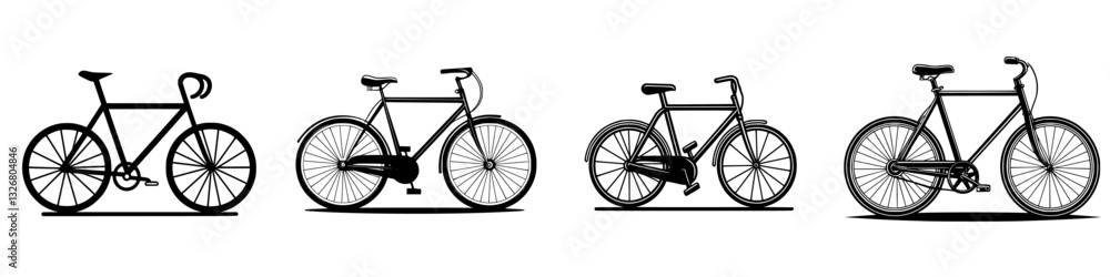 Poster different styles of bicycles displayed in a row showcasing evolution in design and functionality for