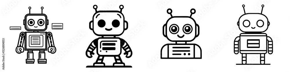 Poster various designs of cute robots in simple line art style showcasing creativity and imagination in cha