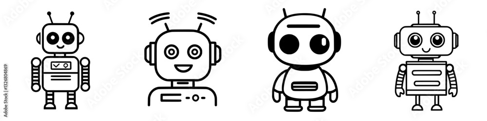 Poster collection of four cartoon robots displaying various features and expressions in a minimalistic styl