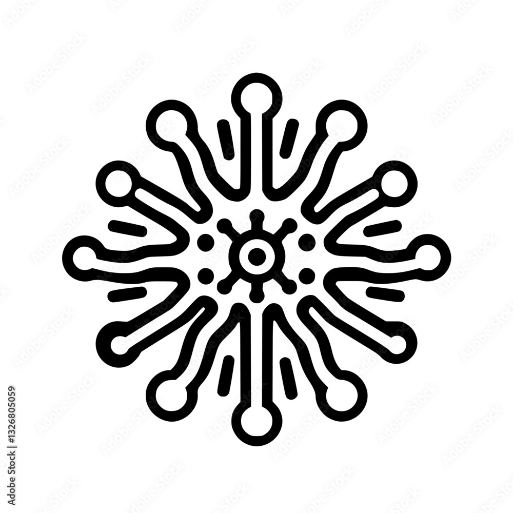 Poster intricate black and white design resembling a snowflake with geometric patterns and connected elemen