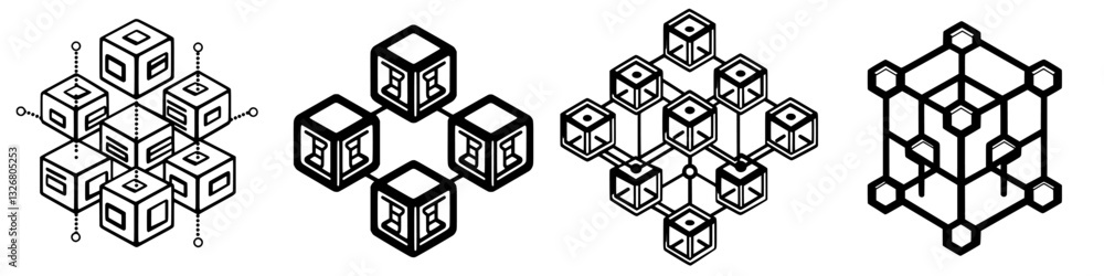 Poster creative geometric patterns featuring black and white cubes arranged in intricate designs for visual