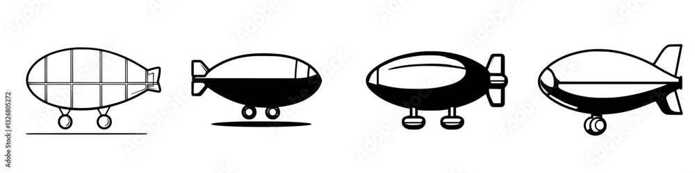 Poster designs of various airships showcasing their distinctive shapes and features at a creative workshop 