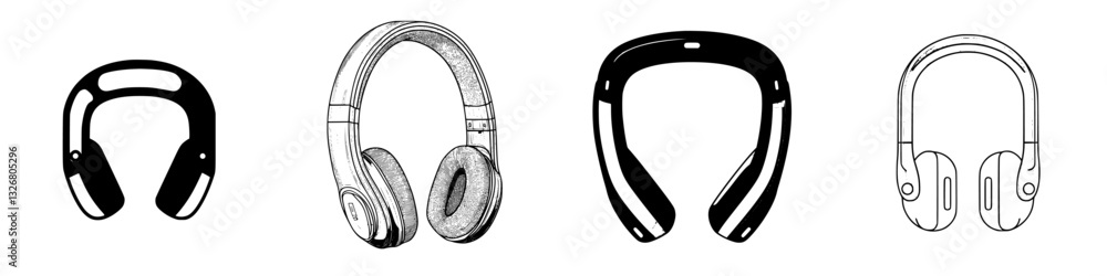 Poster different styles of headphones displayed in a creative arrangement highlighting design variations an