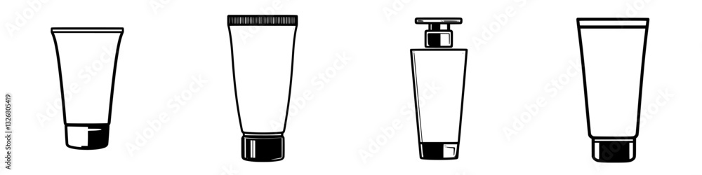 Poster various empty cosmetic tubes arranged in a row on a plain background highlighting simple beauty prod