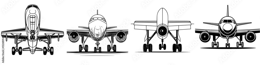 Poster four distinct airplane designs showcasing various features and styles from a front view in a minimal