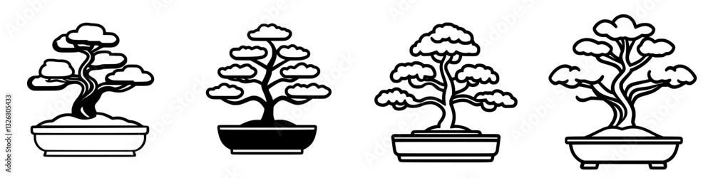Poster various designs of bonsai trees displayed in simple pots showcasing unique shapes and forms in a min