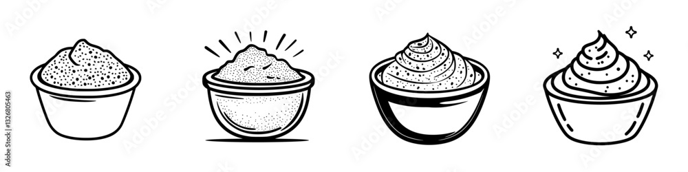 Poster different styles of dessert cream displayed in bowls showcasing various textures and patterns
