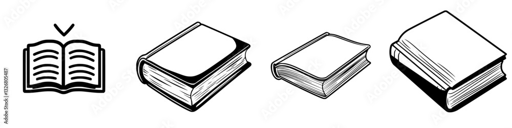 Poster illustrations of various open and closed book styles, showcasing unique designs and textures in a cr