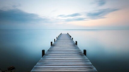 Obraz premium Tranquil Wooden Pier Extending into Calm Waters Under Soft Blue Sky at Dusk
