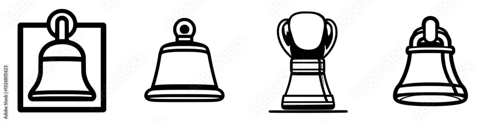 Poster various bell icons in simple line art style, showcasing different shapes and designs for symbolic re