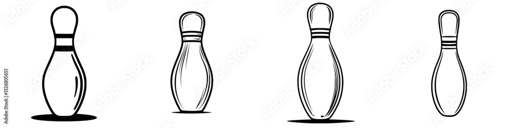 Poster multiple bowling pins displayed in various styles against a simple background in black and white